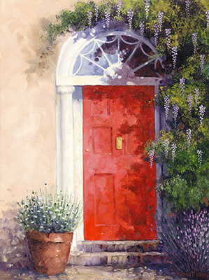 Red Door with Wisteria